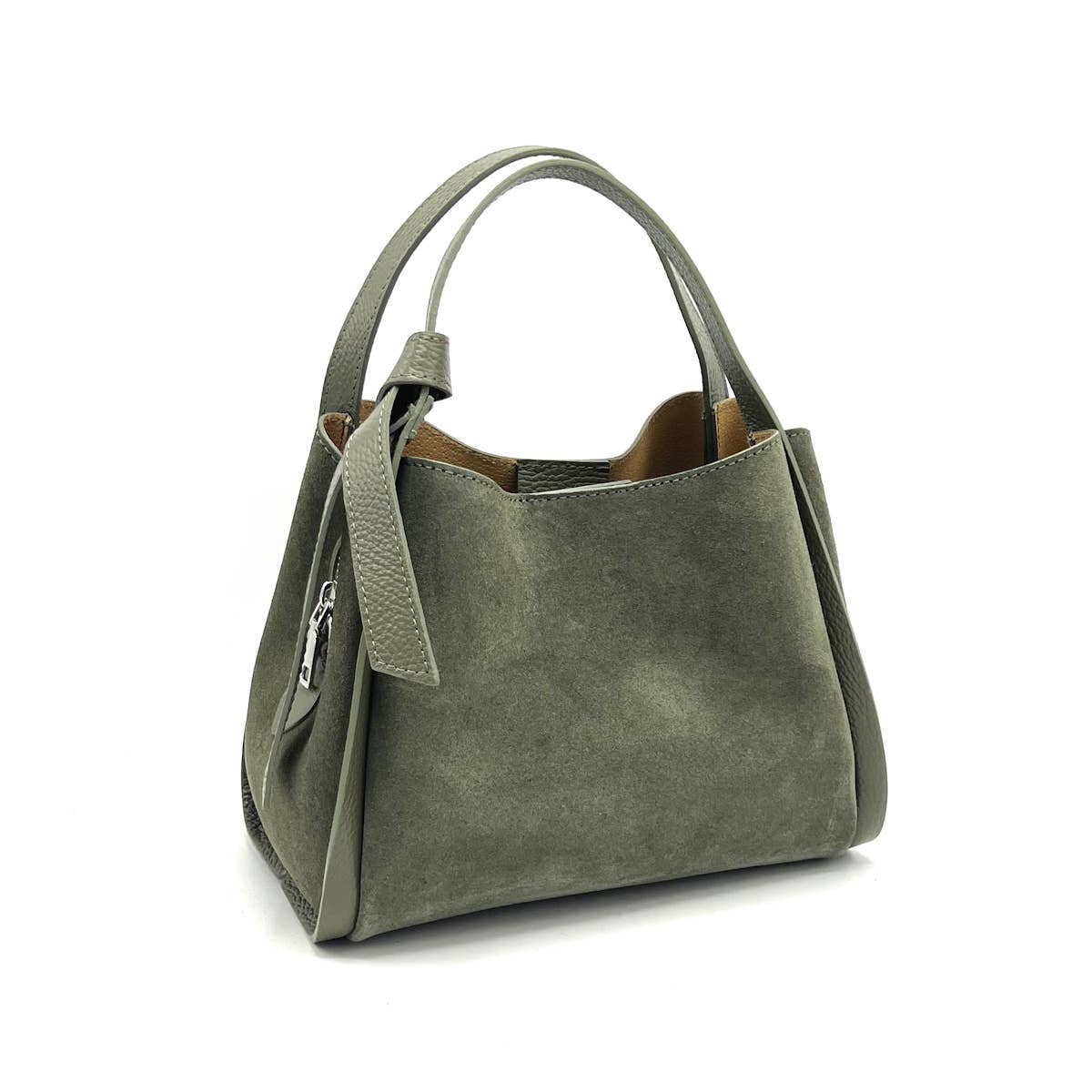 Suède leren handtas met schouderriem, Gemaakt in Italië, art. 112638: Olive Gold Zip
