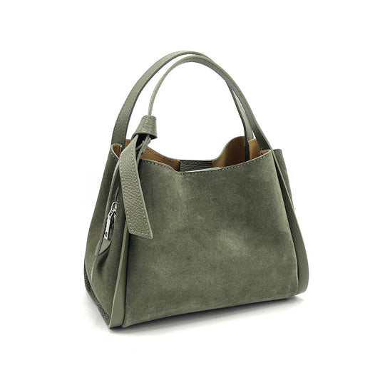 Suède leren handtas met schouderriem, Gemaakt in Italië, art. 112638: Olive Gold Zip