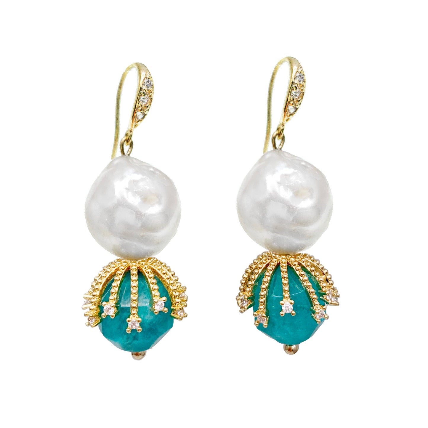 Boucles d'oreilles pendantes en perles d'eau douce et jade aqua HE008