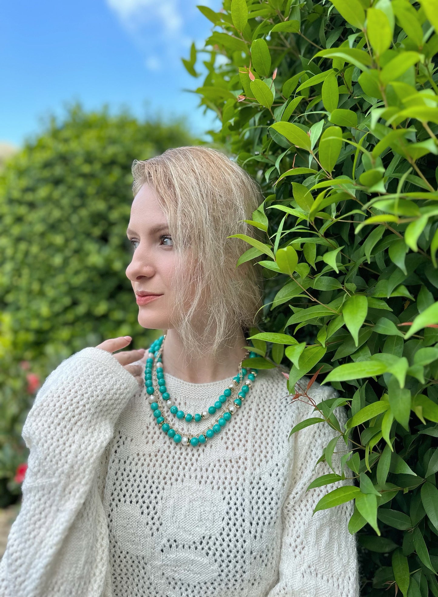 Collier double rang turquoise et perles d'eau douce KN015