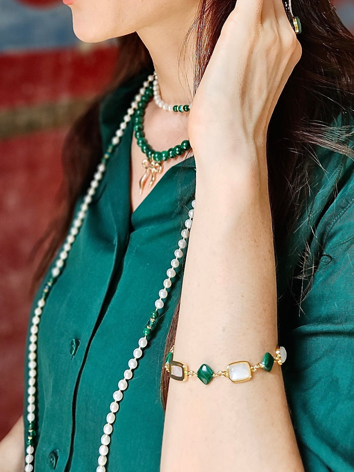 Bracelet en pierre de lune et malachite NB012