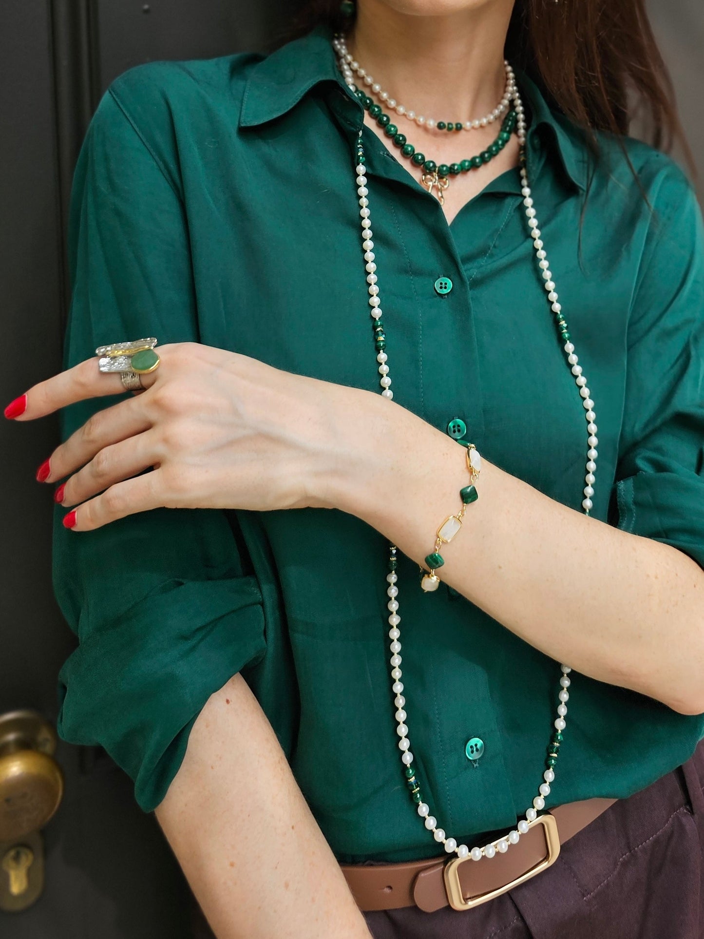 Bracelet en pierre de lune et malachite NB012