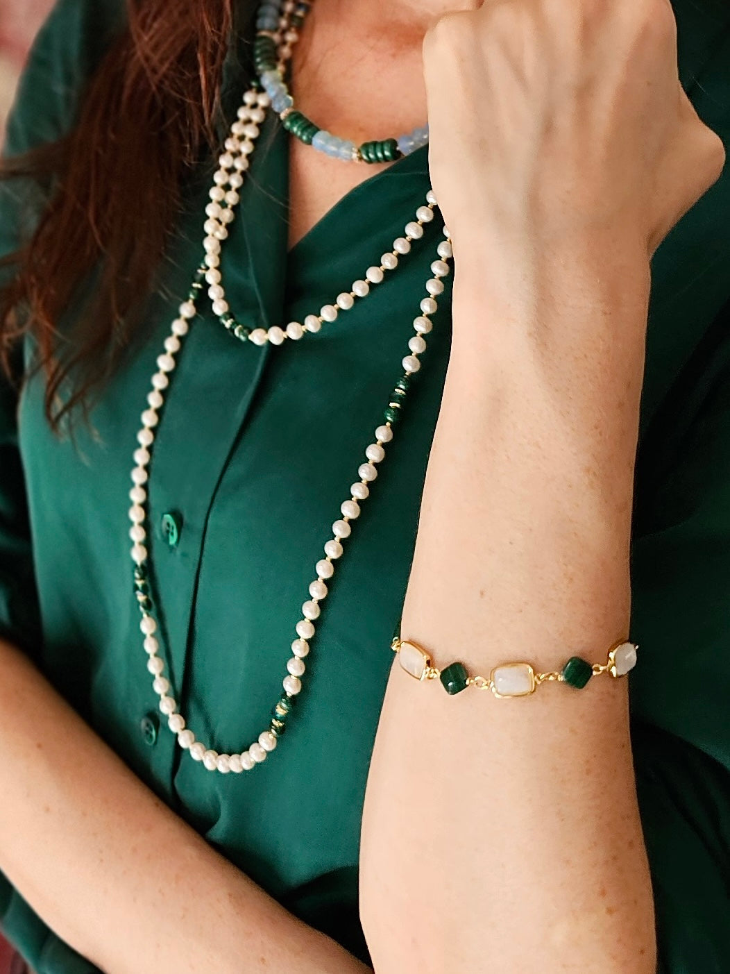 Bracelet en pierre de lune et malachite NB012