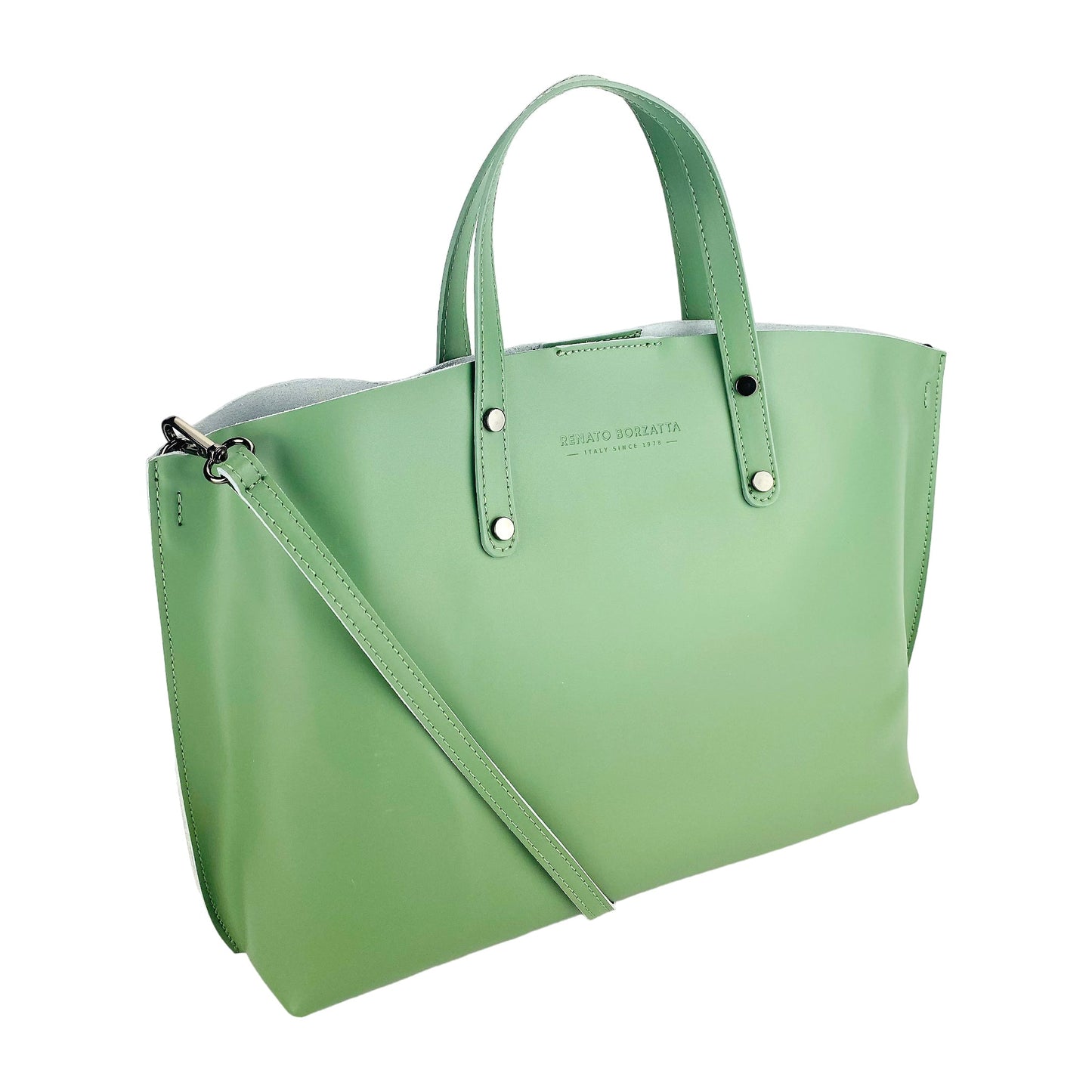 RB1024BF | Women's Genuine Leather Handbag Made in Italy with removable shoulder strap. Large removable internal pouch. Polished Gunmetal Accessories - Mint Color - Dimensions: 48x31x11 cm