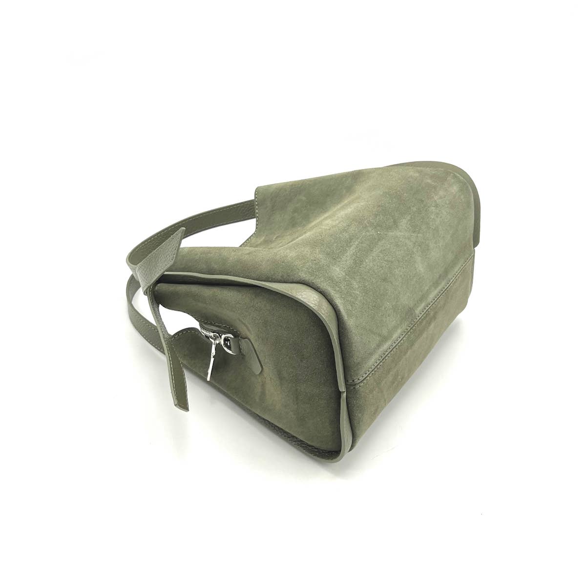 Suède leren handtas met schouderriem, Gemaakt in Italië, art. 112638: Olive Gold Zip