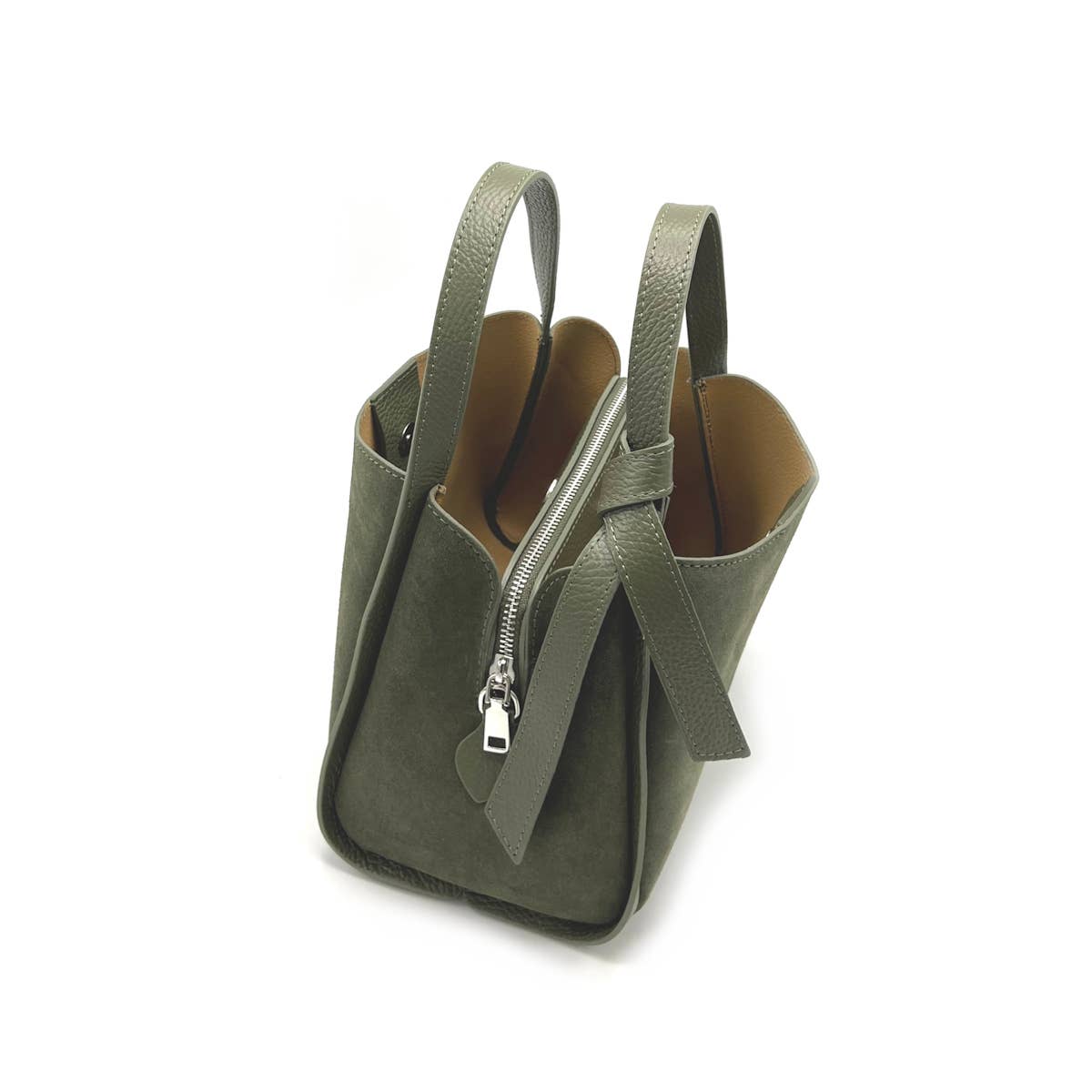 Suède leren handtas met schouderriem, Gemaakt in Italië, art. 112638: Olive Gold Zip